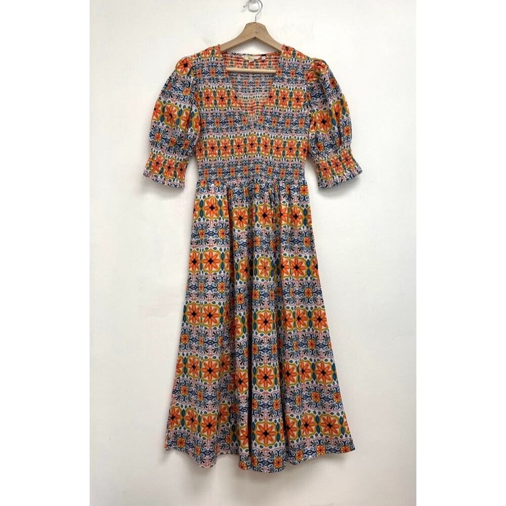 Boden Smocked Bodice Midi Dress Colorful Cute Tapestry Stripe Puff Sleeves US6 - Picture 12 of 13
